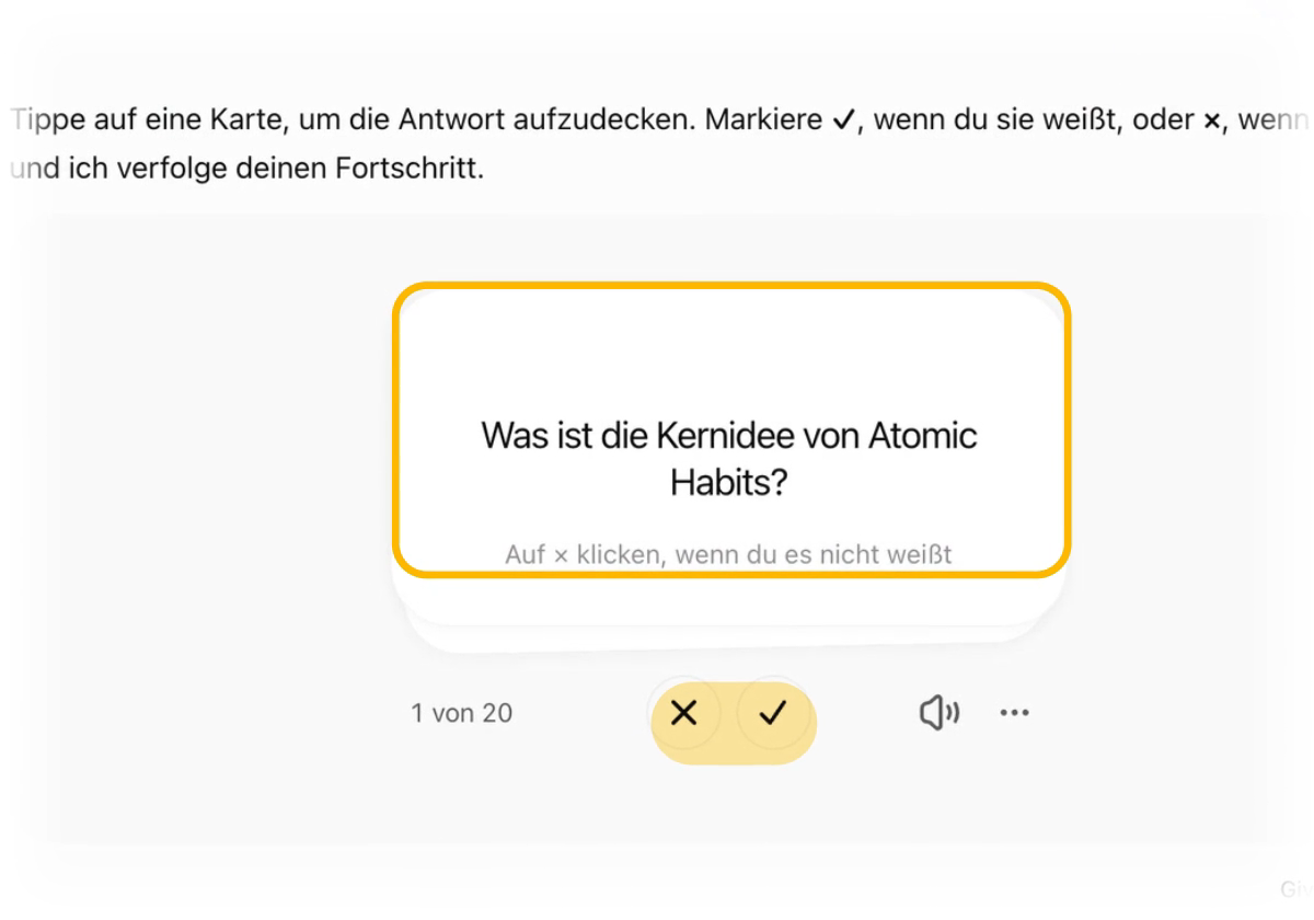 Lernkarte mit der Frage Was ist die Kernidee von Atomic Habits und den Knöpfen X und Haken