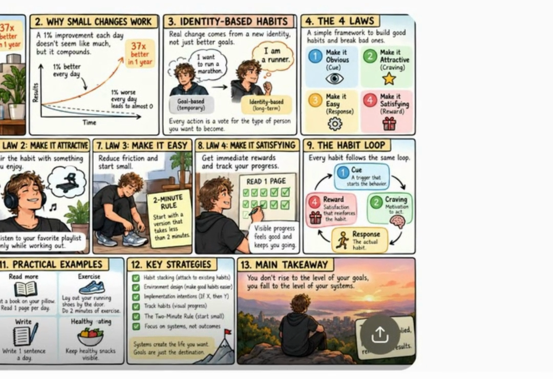 Comic zu Atomic Habits mit Feldern wie The 4 Laws, The Habit Loop und Main Takeaway