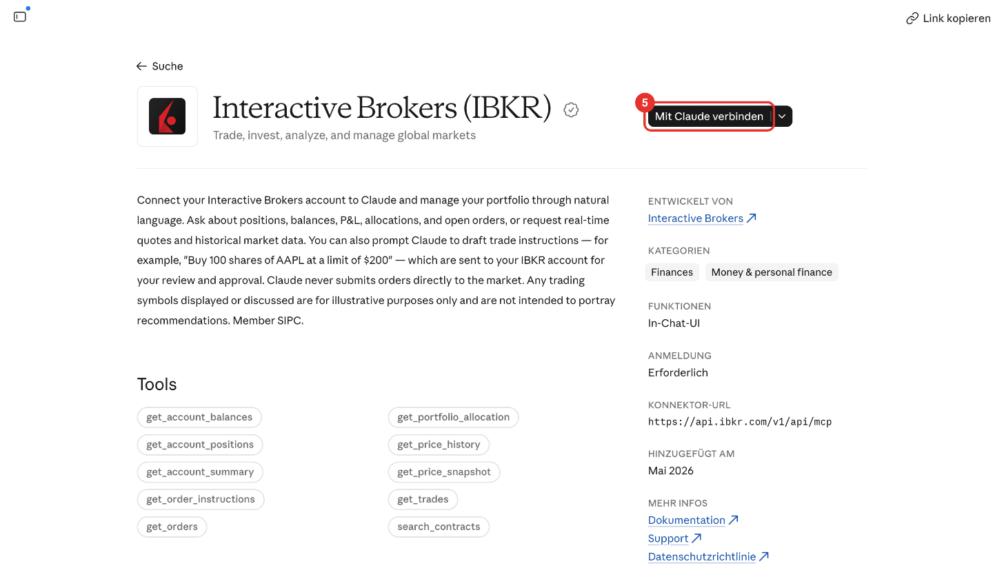Detailseite des Konnektors Interactive Brokers (IBKR) mit dem Knopf Mit Claude verbinden